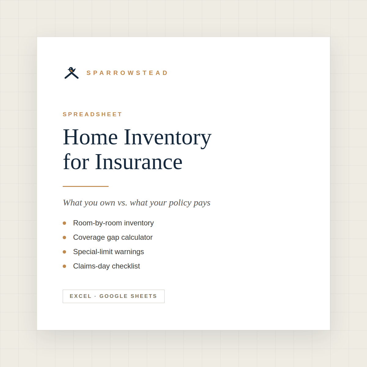 Home Inventory for Insurance spreadsheet cover — coverage gap calculator