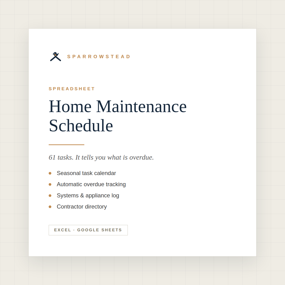 Home Maintenance Schedule spreadsheet cover — 61 seasonal tasks tracked automatically