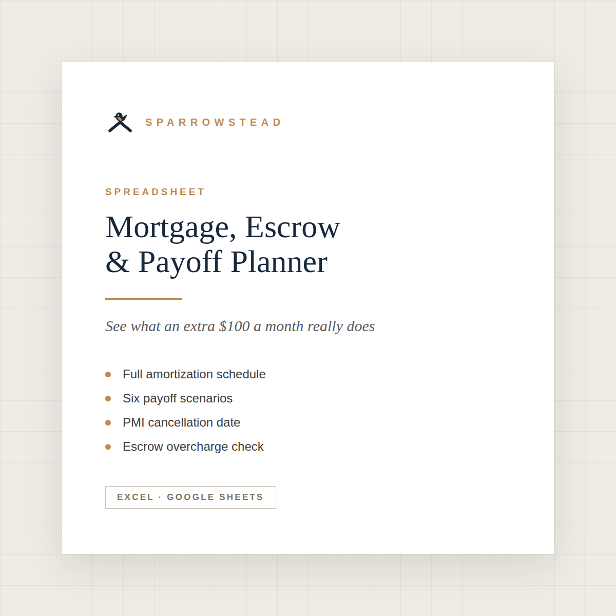 Mortgage, Escrow and Payoff Planner spreadsheet cover — amortization and payoff scenarios
