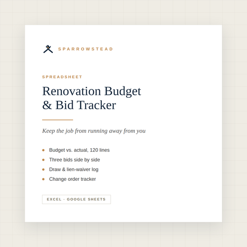Renovation Budget and Contractor Bid Tracker spreadsheet cover